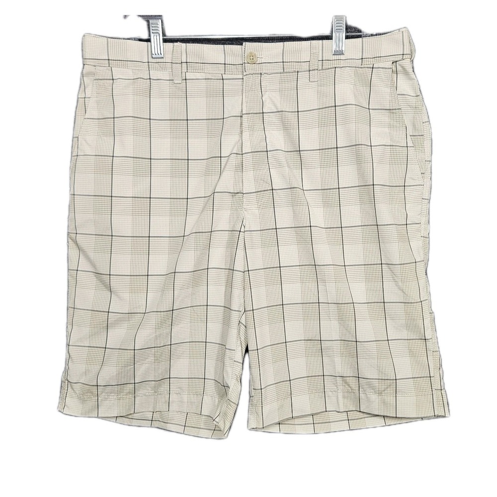 PGA TOUR Men's Golf Shorts Size 34 Tan Cream Plaid Windowpane Flat Front